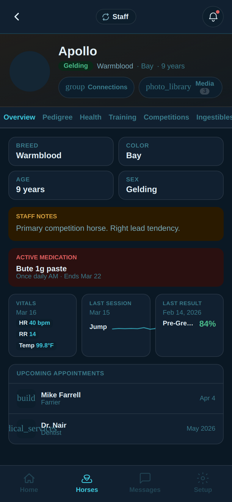 NayNay horse profile screen showing Apollo's health, training, and appointment details